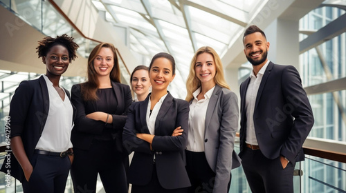 copy space, stockphoto, multicultural business team in a modern office. Beautiful multicultural people standing as a team. Teamwork, team player. Different etnic background.