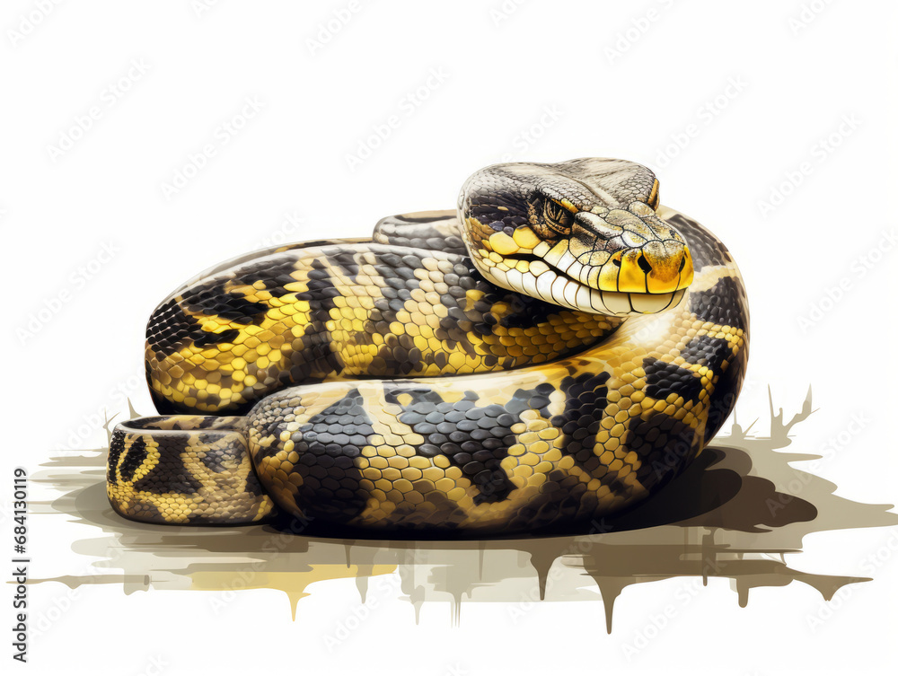 A lifelike illustration of a Carpet Python coiled up, resting on plain background. A lifelike illustration of a Carpet Python coiled up, resting on plain background.