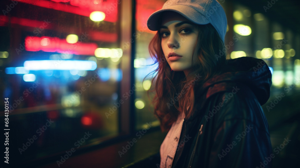 Portret - dziewczyna w czapce z daszkiem na tle witryn sklepowych - nostalgia - Portrait - girl wearing a baseball cap against a background of store windows - nostalgia - AI Generated Portret - dziewczyna w czapce z daszkiem na tle witryn sklepowych - nostalgia - Portrait - girl wearing a baseball cap against a background of store windows - nostalgia - AI Generated