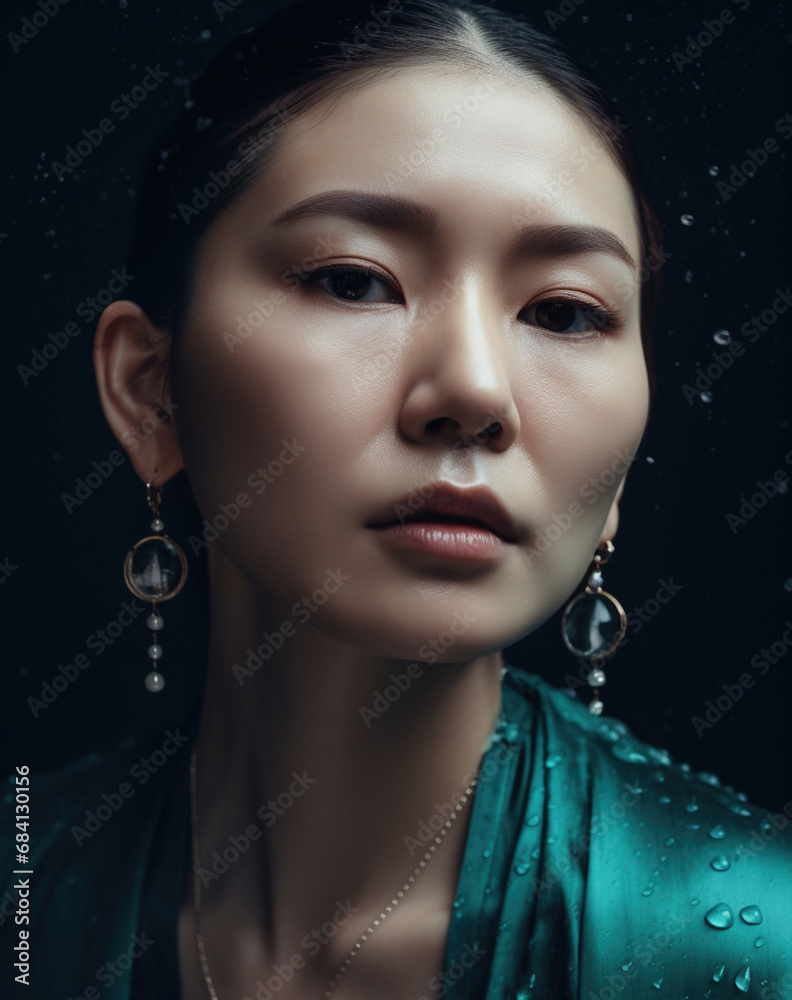 Atrakcyjny portret azjatki- dojrzała kobieta prezentująca kolczyki - portret fashion - ttractive portrait of an Asian woman - mature woman presenting earrings - fashion portrait - AI Generated - obrazy, fototapety, plakaty 