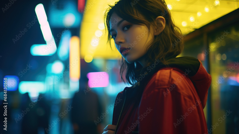 Dziewczyna tle sklepów w Tokio, portret uliczny, neonowe światła - Girl against the background of stores in Tokyo, street portrait, neon lights - AI Generated - obrazy, fototapety, plakaty 