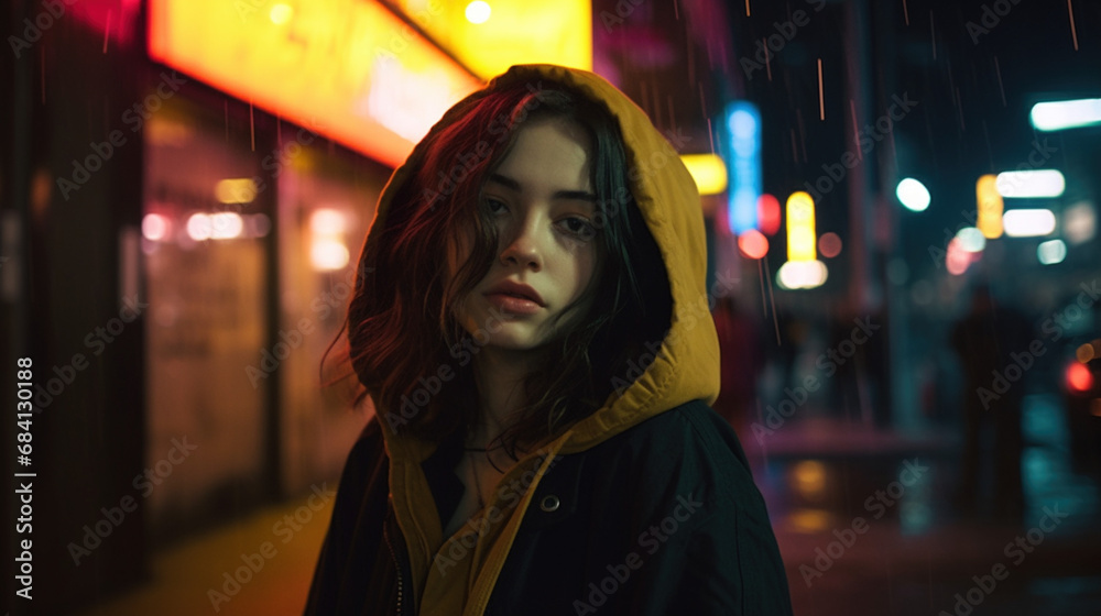 Portret uliczny - młoda dziewczyna w żółtym kapturze na tle wystaw sklepowych - nostalgiczny hip-hop -Street portrait - young girl in yellow hoodie against a background of store windows - AI Generated - obrazy, fototapety, plakaty 