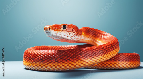 Illustration of a bright orange corn snake coiled and poised, with detailed scales on plain backghround.