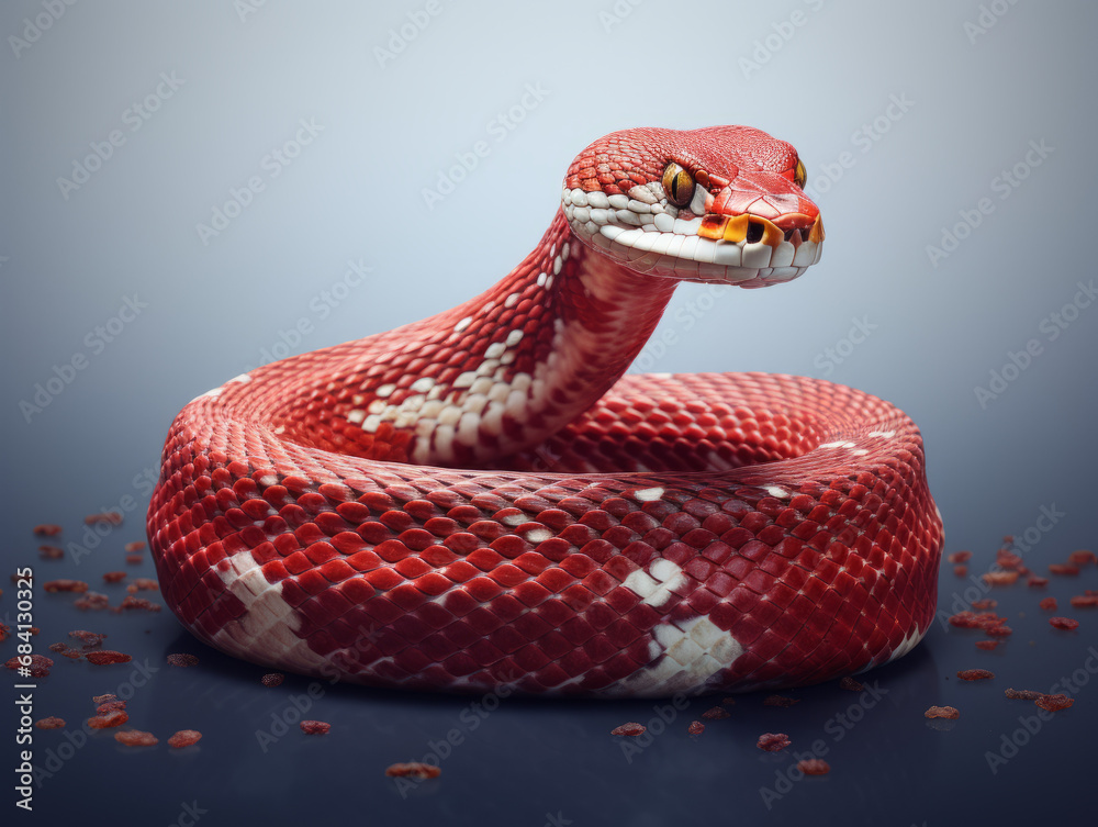 Obraz premium Illustration of a bright orange corn snake coiled and poised, with detailed scales on plain backghround.