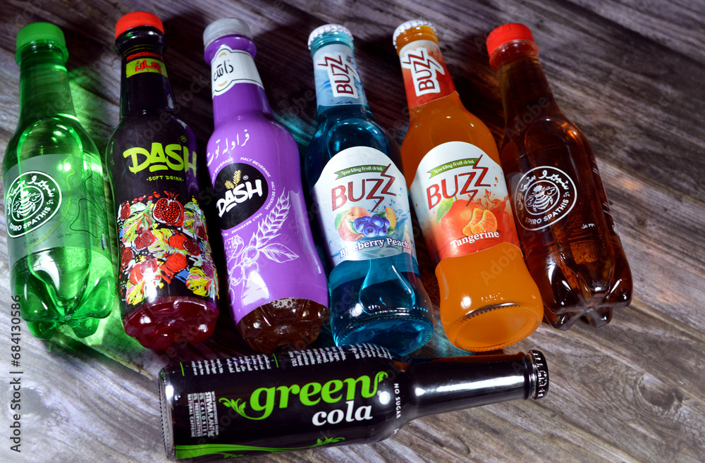 Cairo, Egypt, November 24 2023 variety of soft soda drinks of different types and flavors from