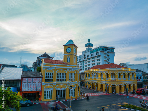 .Phuket,Thailand-November,02,2023: aerial view classic and beautiful architecture .the most popular landmark of Phuket..old ancient city classic and beautiful building. yellow clock tower background.