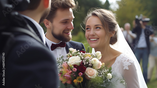 A man and a woman smiling while getting married