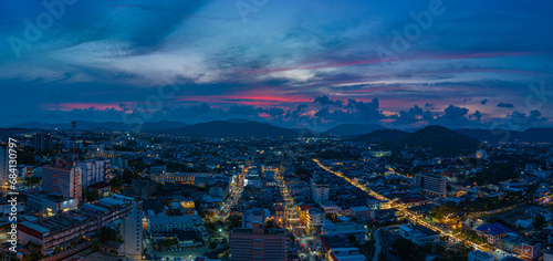 Bild auf Leinwand ..aerial view The lights twinkled along Talang walking street at night..Bright c