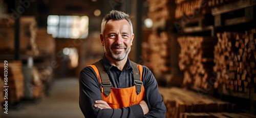 A old carpenter smiles confidently. Standing with arms crossed in a wood factory photo