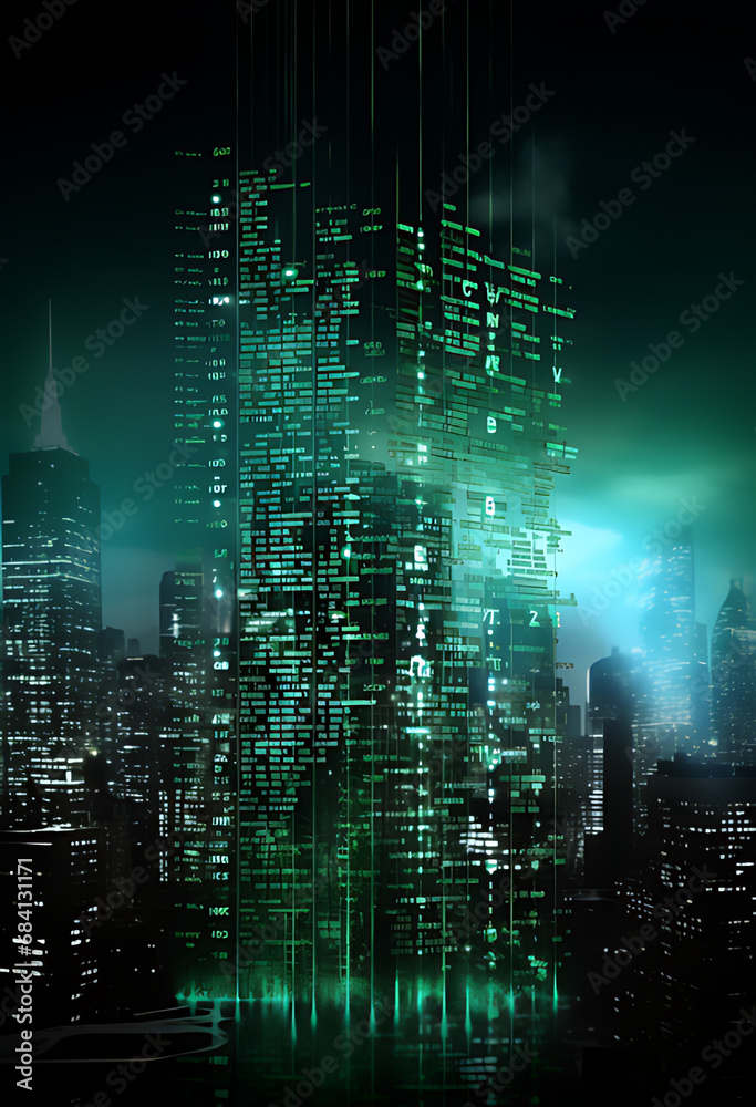 Obraz premium A Skyscraper with Green Binary Code Running Down