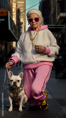 Mamie badass mc bling promène son bouledogue français à New York © Leopoldine