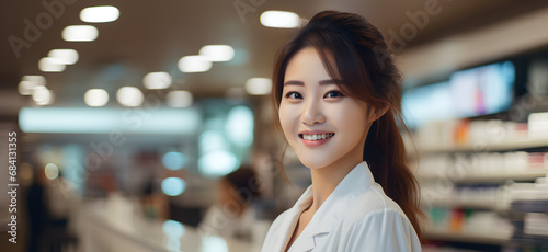 Asian woman pharmacist in pharmacy shop or drugstore in front of shelf with medicines