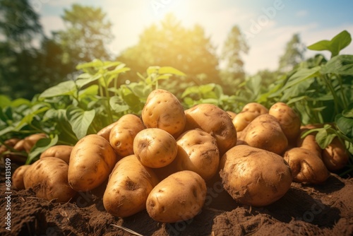 Potato harvest in the vegetable garden in sunny day.