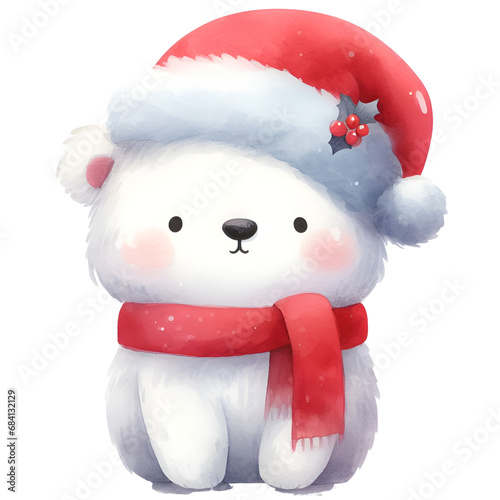 Christmas cute polar bear wearing Santa suit watercolor holiday illustration isolated on white background, symbol winter, new year and Christmas, greeting card.