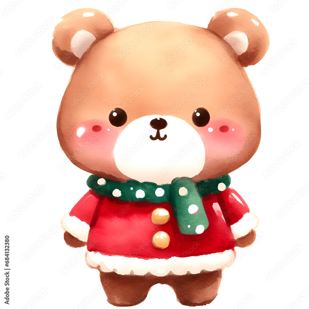 Christmas cute bear wearing Santa suit watercolor holiday illustration isolated on white background, symbol winter, new year and Christmas, greeting card. Christmas cute bear wearing Santa suit watercolor holiday illustration isolated on white background, symbol winter, new year and Christmas, greeting card.