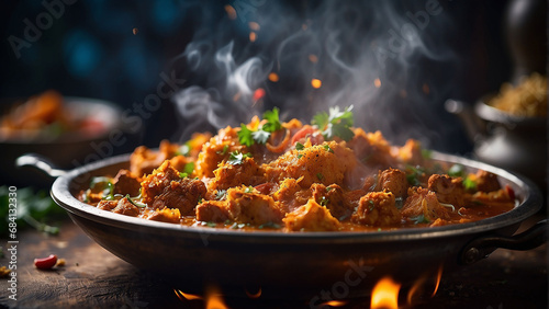 A close-up shot capturing the sizzling texture of Indian cuisine, with steam rising from the dish. Macro Photography with a 100mm lens and soft lighting AI-generative photo