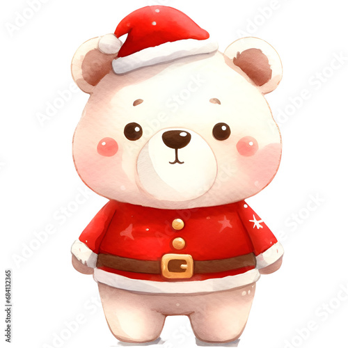 Christmas cute bear wearing Santa suit watercolor holiday illustration isolated on white background, symbol winter, new year and Christmas, greeting card.