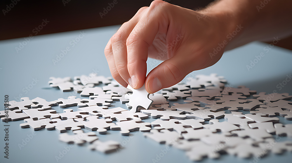 Hands assembling puzzle pieces on a table Hands assembling puzzle pieces on a table