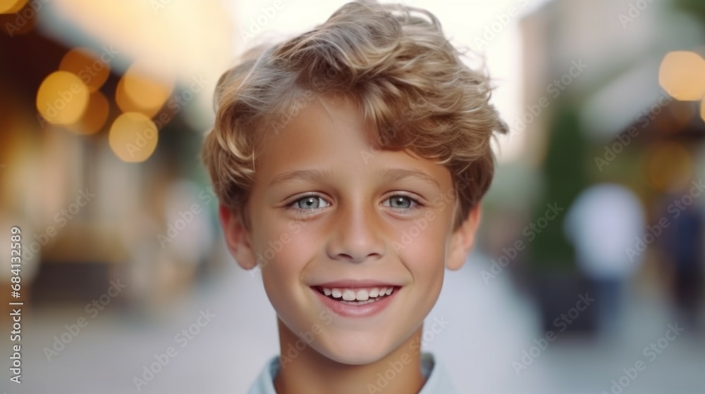 Happy boy smiling in the city street. Closeup Portrait of a smiling Caucasian kid standing on the sidewalk. Cheerful European pre-teen child with perfect white teeth outdoors closeup. .