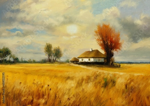 Old house in the field, rural landscape with a house. Digital oil paintings landscape, fine art, artwork