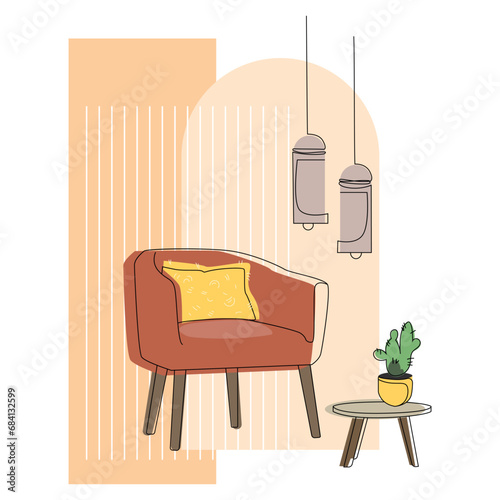 Minimalist interior design line drawing.Fragment of a fashionable interior with a stylish armchair and hanging chandeliers and a touch of furniture on a background of abstract geometric shapes.Vector