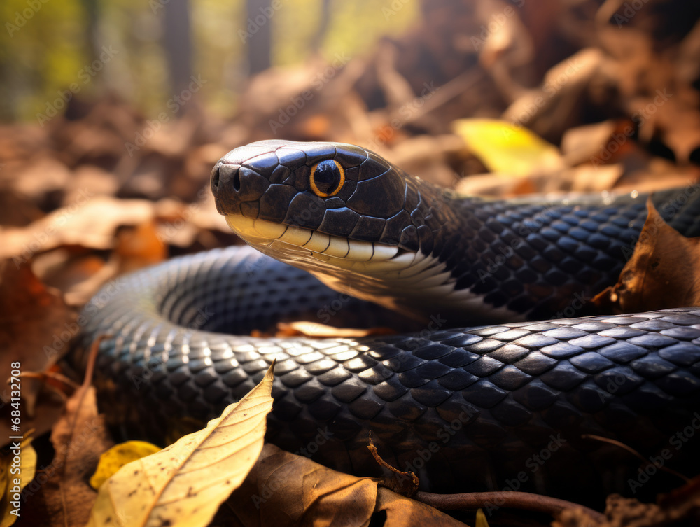 Fototapeta premium The ominous presence of a black mamba, hidden among leaves in its natural habitat.