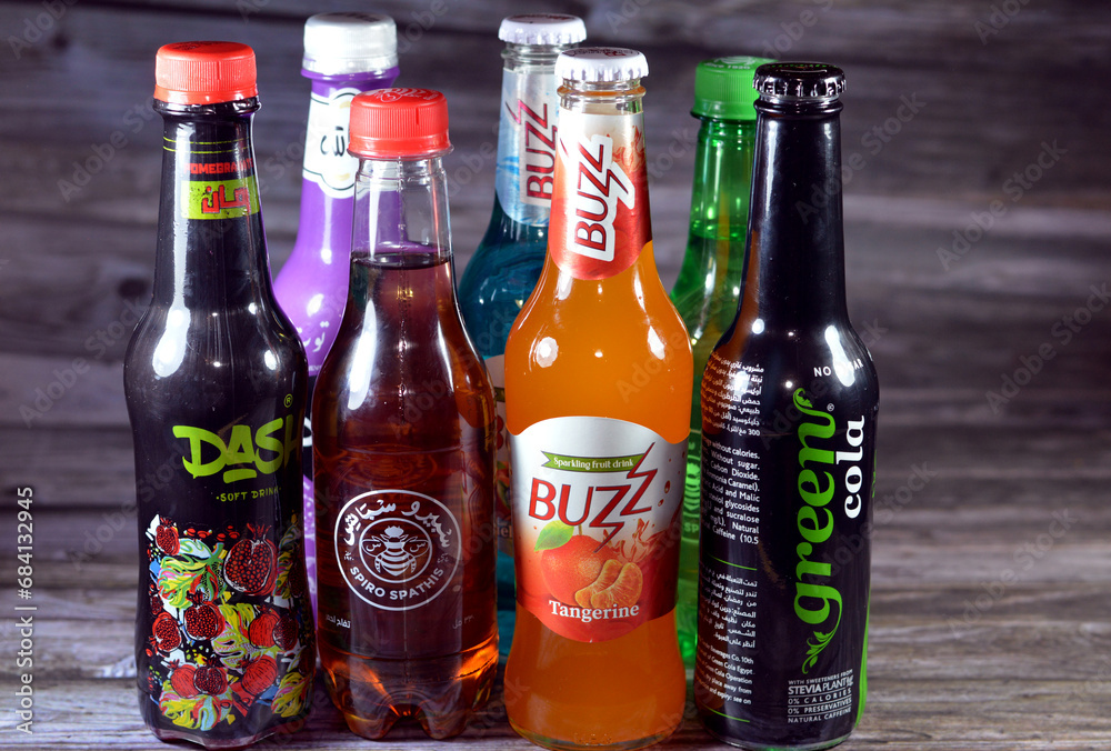 Cairo, Egypt, November 24 2023 variety of soft soda drinks of different types and flavors from