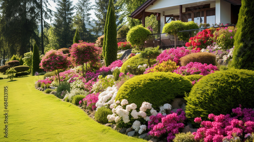 Landscape design with flower beds in home garden, beautiful landscaping in residential house backyard. Scenic view of beautiful landscaped garden, scenery of luxury backyard in summer © Boraryn