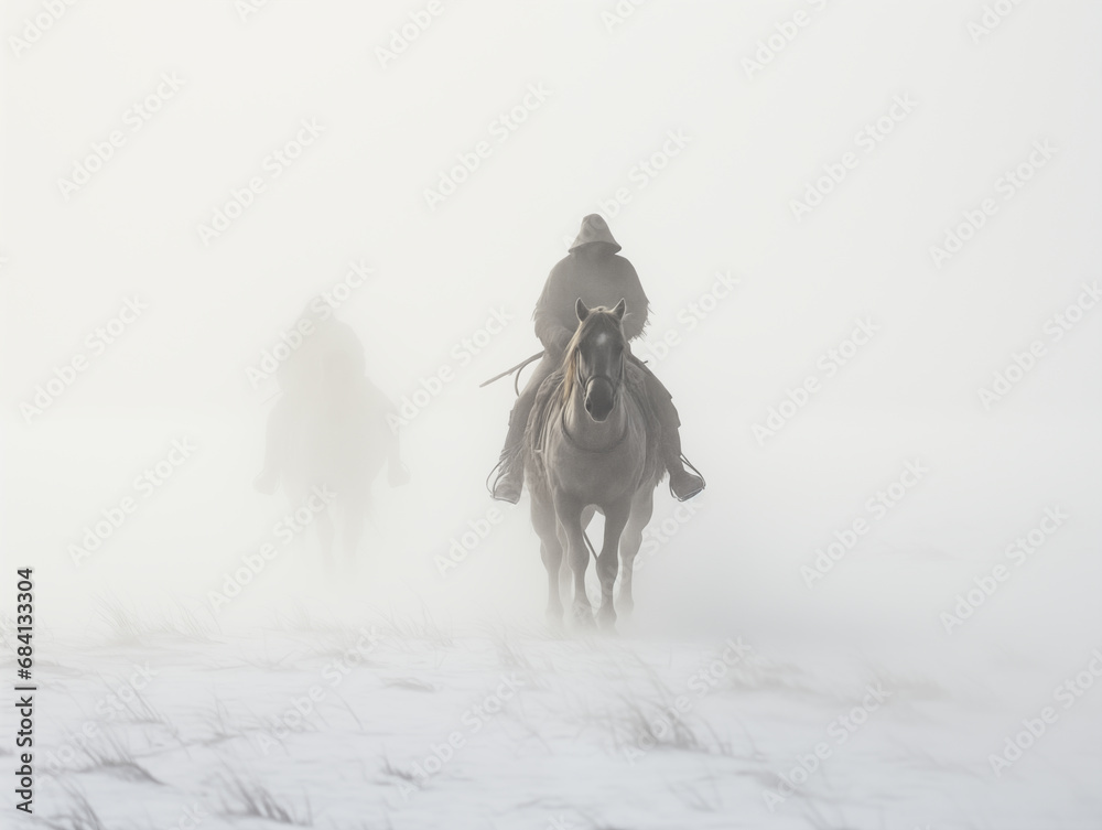 Obraz premium A man riding a horse in a foggy and snowy landscape,created with Generative AI tecnology.
