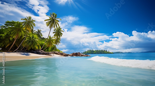 An island shore, featuring pristine beaches, clear blue waters, and lush greenery