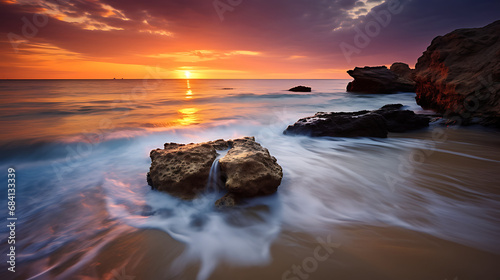 Seaside sunset with an image of gentle waves lapping against the shore