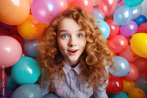 surprised curly-haired girl on solid bright background with colorful balloons.