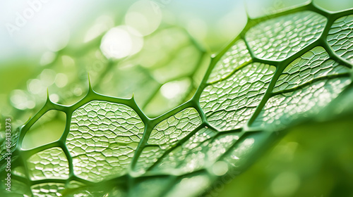 Fantasy plant cells microscopy. Green organic structures. Microlife concept. Generative AI