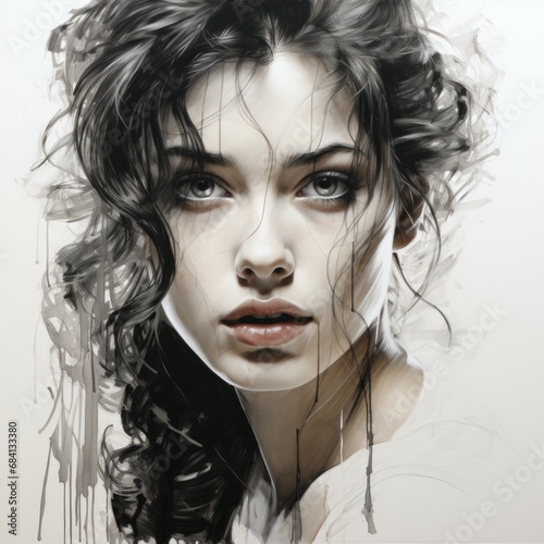 Portrait of a beautiful young woman with a fashion hairstyle, art. Beautiful black and white watercolor and painting of a young girl with dripping paint. Close-up face Vector illustration of a female.