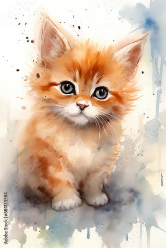 Kitten watercolor background. Cute adorable kitten card