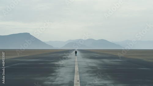 Conceptual businessman standing on the runway and looking at the future. Man standing on an empty road, psychology, and depression concept. Concept of an empty and lonely man on a path, destination. photo