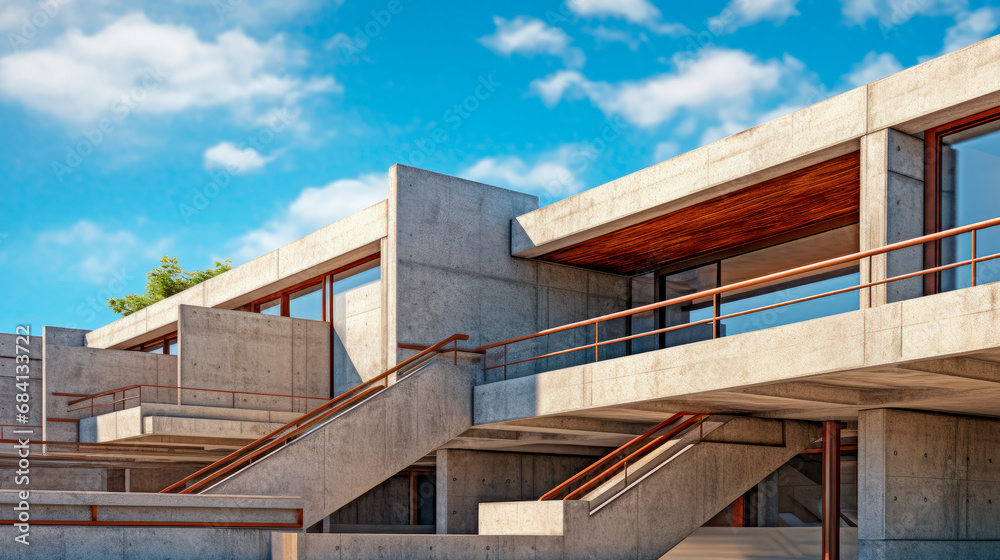 Obraz premium Modernistic buiding with straight corners and edges. Brutalist architecture with lots of concrete.