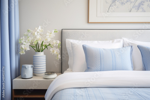 Timeless elegance meets modern vibes in a blue and white bedroom with traditional Asian motifs. Indigo and brown hues create a blend of vintage and contemporary artistry. Close up.