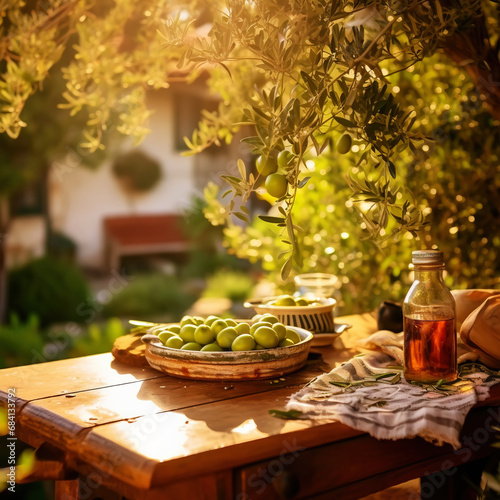 Closeup of organic ripe olives with herbs on a wooden plate in the garden at sunset. Generative AI