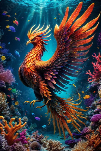 a phoenix swimming gracefully in a surreal underwater realm. ai generative