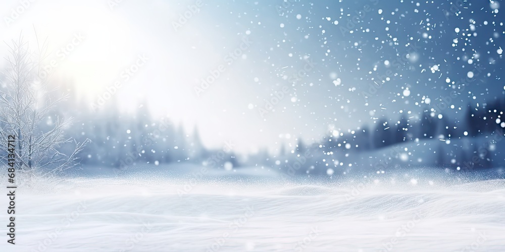 Winter wonderland bliss for xmas. Scenic landscape blanketed in pristine white snow adorned with sparkling snowflakes and icy delights creating magical seasonal background for christmas