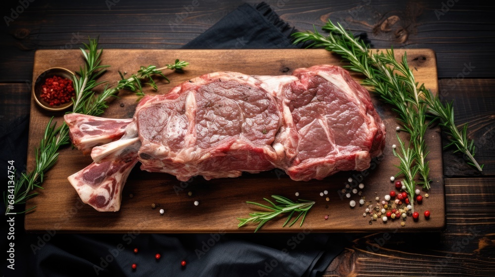 Raw Whole Lamb Leg on Butcher Board with Wooden Background. Top View with Copy Space for Meat and Mutton Enthusiasts