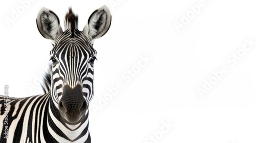 Zebra Isolated on White Background. Front Shot of African Gazing Animal Mammal