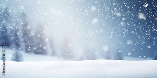 Winter wonderland bliss for xmas. Scenic landscape blanketed in pristine white snow adorned with sparkling snowflakes and icy delights creating magical seasonal background for christmas