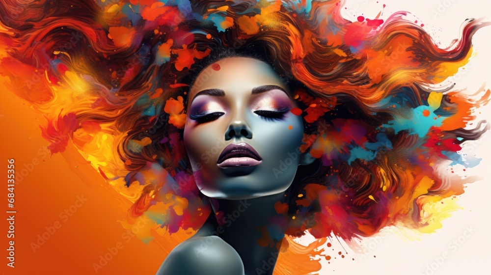 Abstract Hair - Beautiful African Woman with Colorful Abstract Hair and Creative Makeup. Artistic Elegance and Beauty on Multicolored Abstract Background
