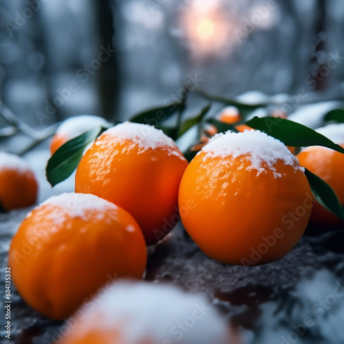 Tangerines on the snow with green leaves with New Year's mood.