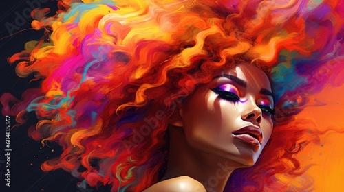 Abstract Hair - Multicoloured Painting of Gorgeous African Woman with Creative Makeup, Abstract Hairstyle. Beauty and Fashion Art