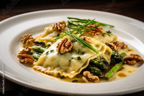 Gourmet Ravioli Dish with Asparagus and Walnuts on White Plate