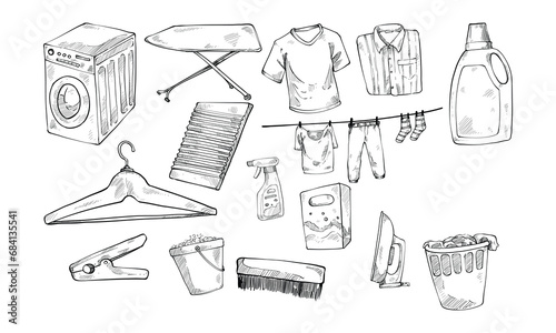 laundry equipment handdrawn collection engraving