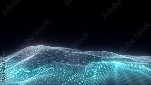 Dark cyberspace in digital background. Abstract technology wave with motion glowing dots and lines. Connection big data. Futuristic wireframe texture. Analysis a network connection. 3D rendering.